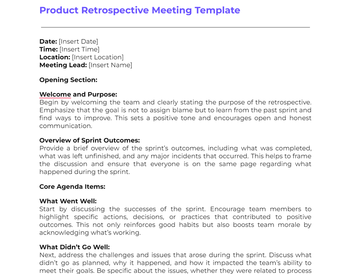 Product Retrospective Meeting Template