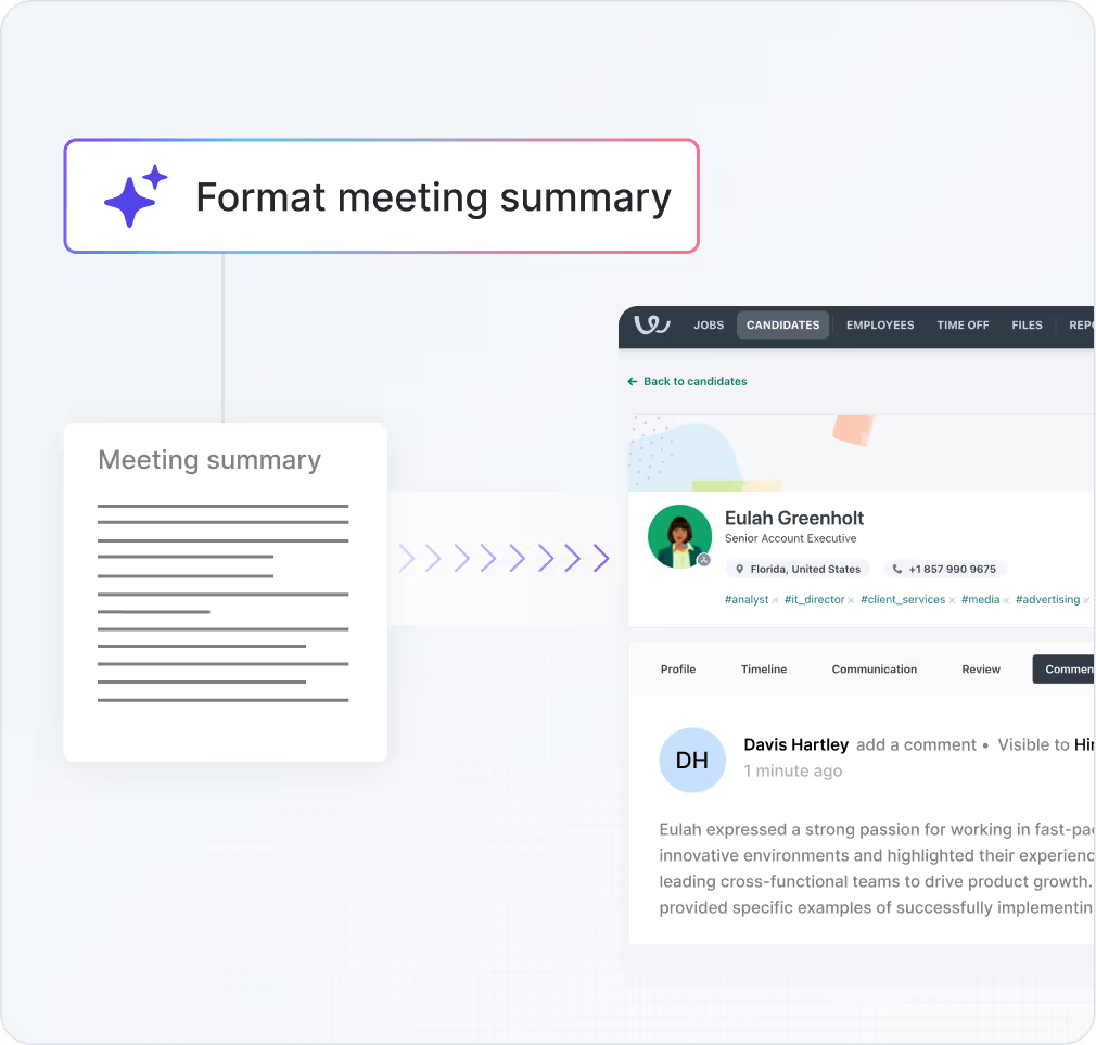 TactiqのAIが会議のインサイトをWorkableの候補者プロフィール向けにフォーマットする様子を示すグラフィック。