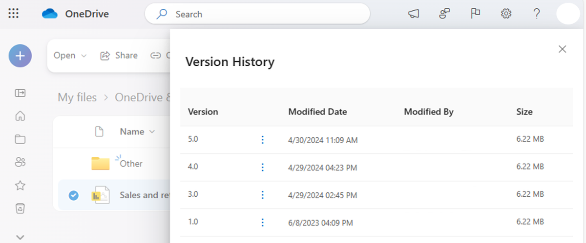 Version history OneDrive