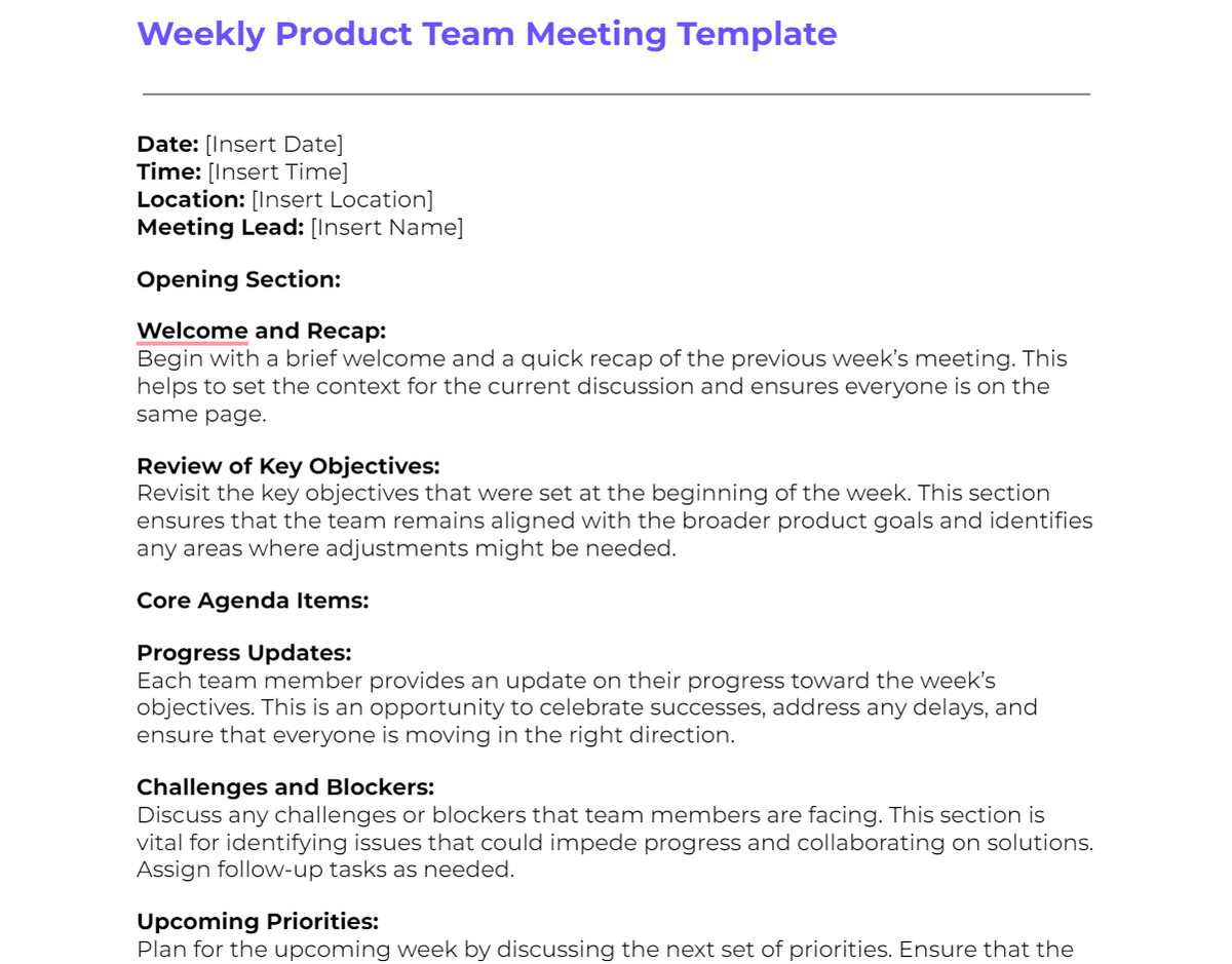 Weekly Product Team Meeting Template