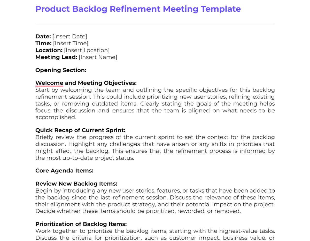 Product Backlog Refinement Meeting Template