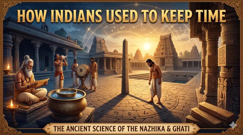 Illustration: a South Indian temple courtyard where a bowl floats in a larger vessel as a water clock, a man reads the shadow of an upright post, a drummer and a conch blower announce the hour, and an elder reads a palm-leaf manuscript.