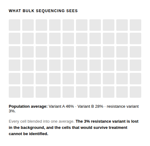 Bar-free grid diagram titled "What Bulk Sequencing Sees," showing a 7x8 grid of uniform gray squares representing blended cell data. Caption reads: Population average shows Variant A at 46%, Variant B at 28%, and a resistance variant at 3%. Text below notes that every cell is blended into one average, so the 3% resistance variant is lost in the background, and the cells that would survive treatment cannot be identified.