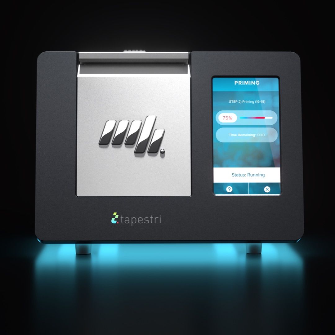 Tapestri instrument with its touchscreen showing a sample priming status