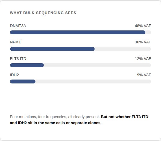 A bar chart showing four AML mutations detected by bulk sequencing with their variant allele frequencies: DNMT3A at 48% VAF, NPM1 at 30% VAF, FLT3-ITD at 12% VAF, and IDH2 at 9% VAF. A caption reads: "Four mutations, four frequencies, all clearly present. But not whether FLT3-ITD and IDH2 sit in the same cells or separate clones.