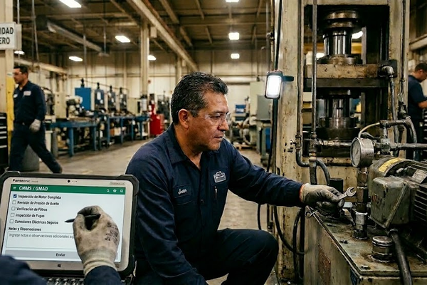 Técnico en una fábrica usando una tablet con software CMMS/GMAO verde para completar un checklist de mantenimiento preventivo de un motor.