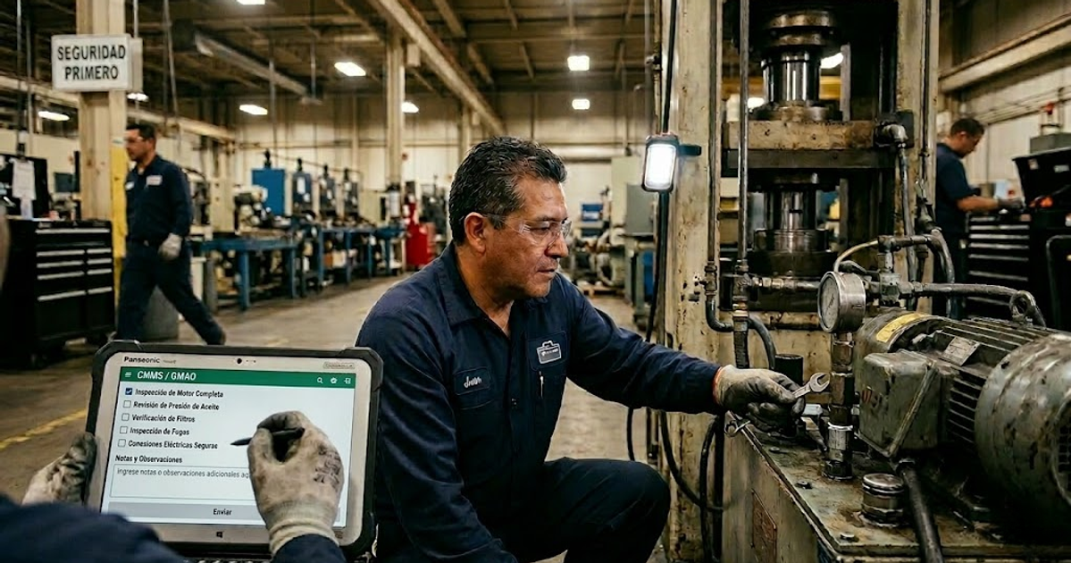 Técnico en una fábrica usando una tablet con software CMMS/GMAO verde para completar un checklist de mantenimiento preventivo de un motor.