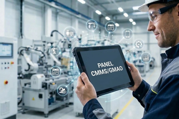 Técnico industrial usando una tablet con "PANEL CMMS/GMAO" en una fábrica.
