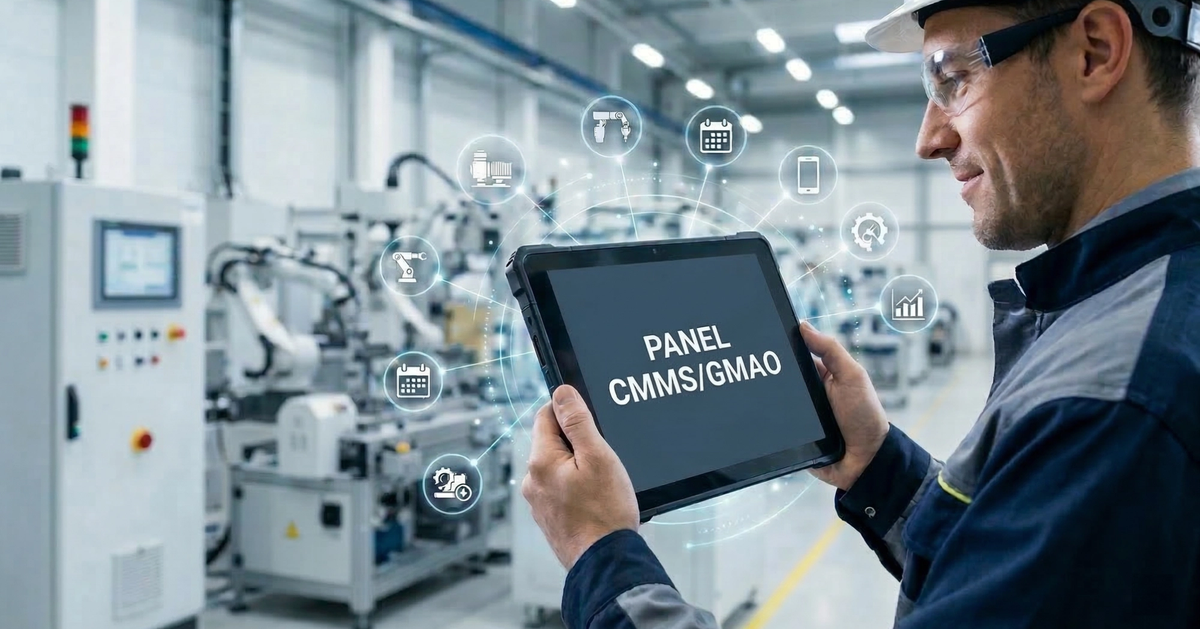 Técnico industrial usando una tablet con "PANEL CMMS/GMAO" en una fábrica.