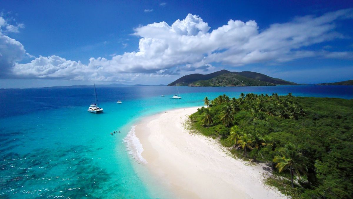 Aerial view of Sandy Cay and Jost Van Dyke, BVI