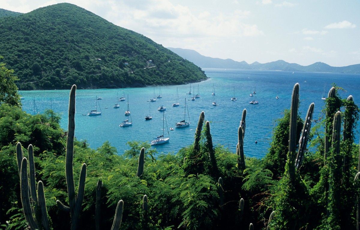 Sailboats in Great Harbour, island of Jost Van Dyke in the British Virgin Islands (BVI)
