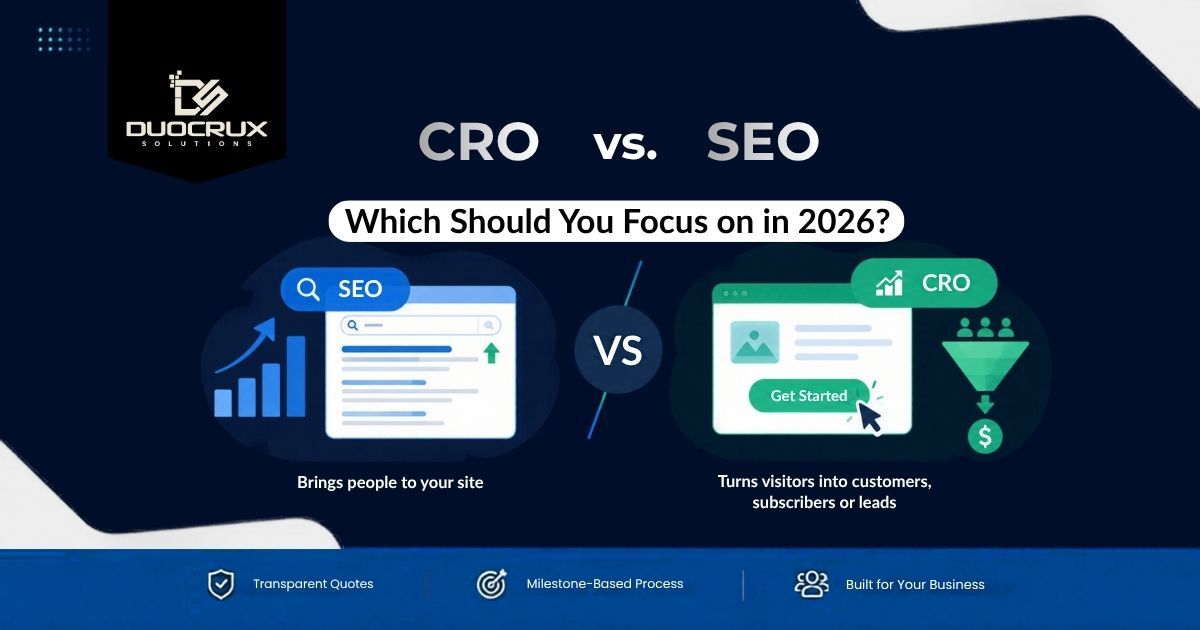 CRO vs SEO comparison showing traffic, conversions, and digital marketing strategy