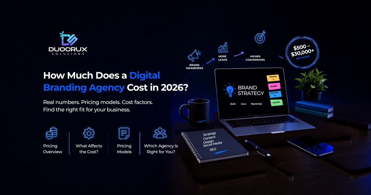 Digital branding agency cost in 2026 with pricing models, cost factors, and brand strategy on a laptop