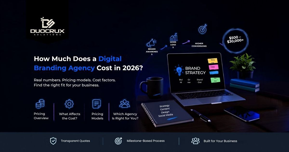 Digital branding agency cost in 2026 with pricing models, cost factors, and brand strategy on a laptop