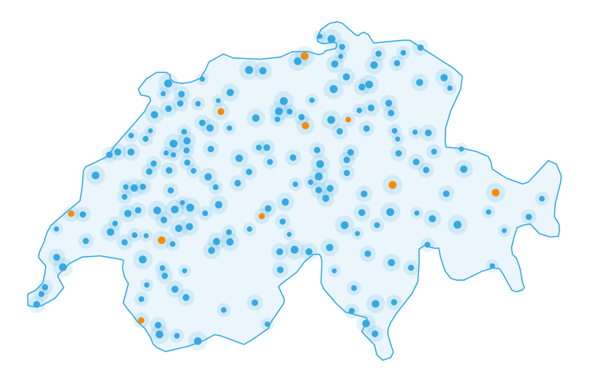 Karte der Schweiz mit den Standorten der Werkstätten im Guido-Netz