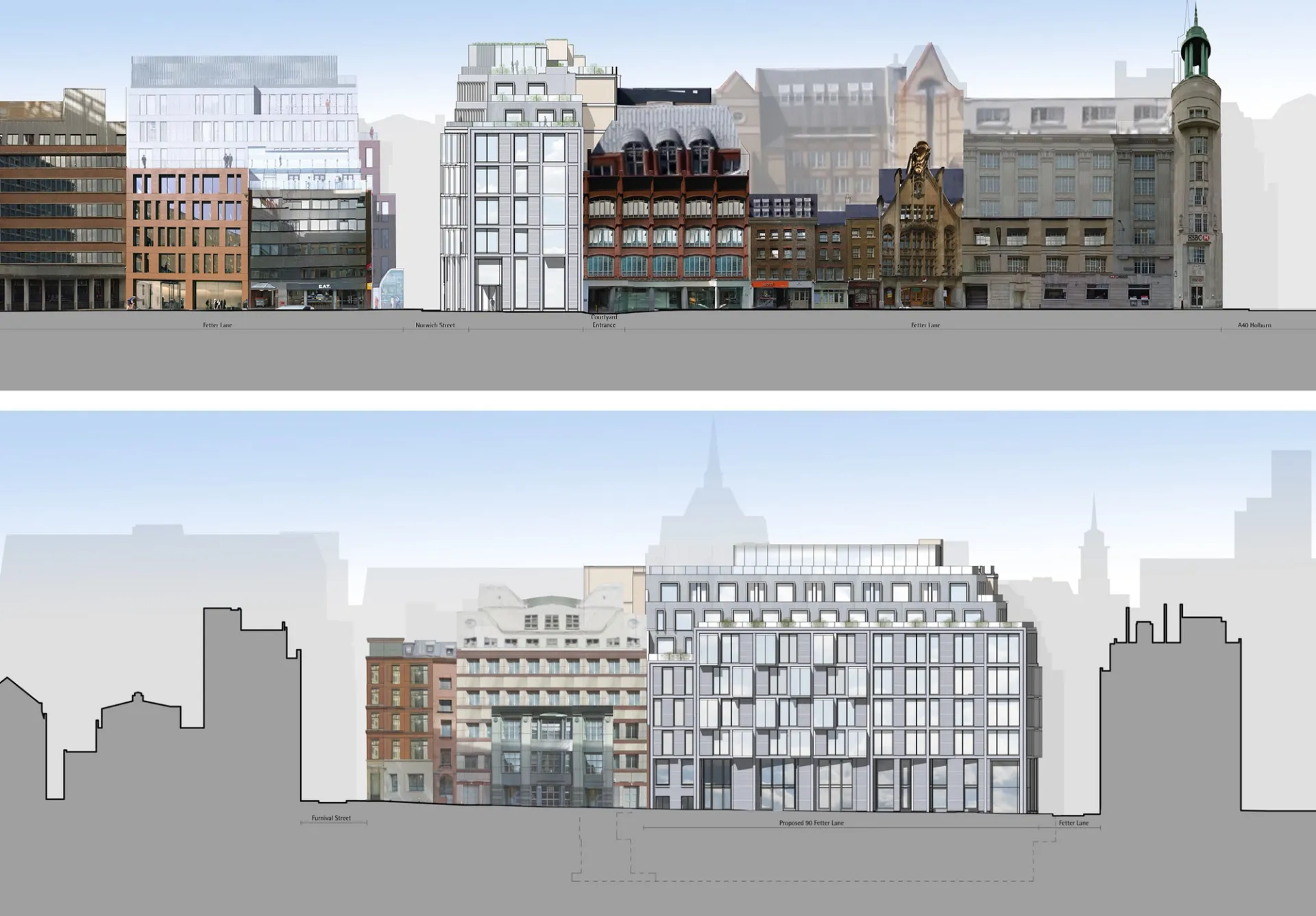 elevations architectural drawings on building on street