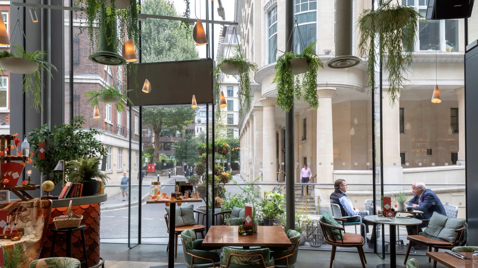 interior view of cafe with hanging plants