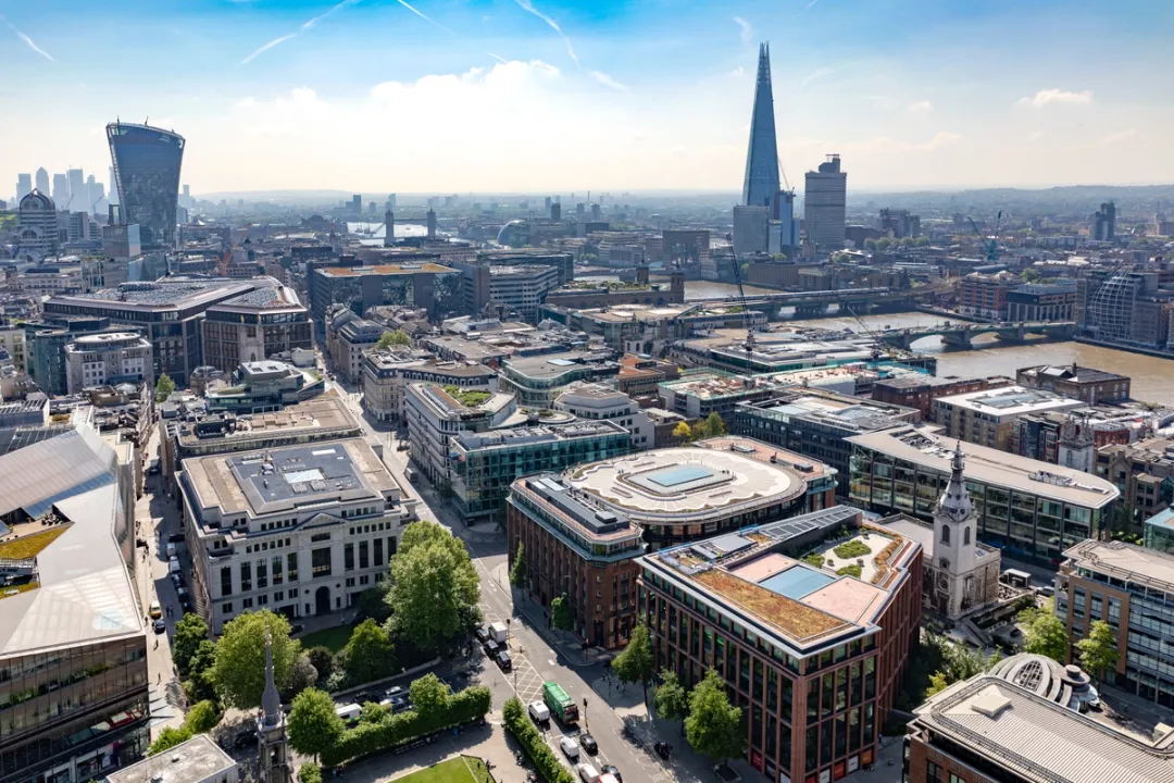 aerial view with view of the shard and london city rooftop