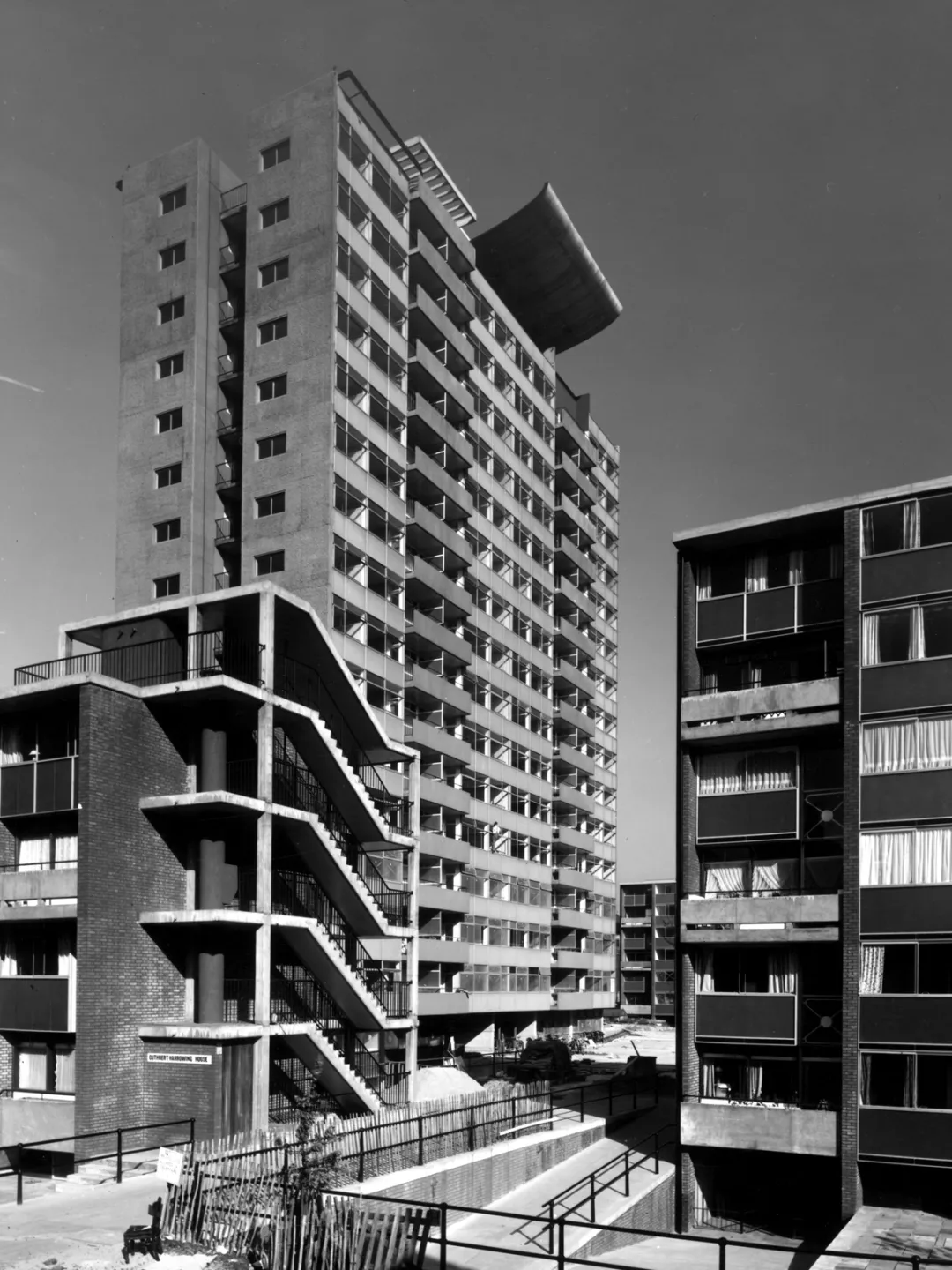 Archival image in black and white of the building in the 50s