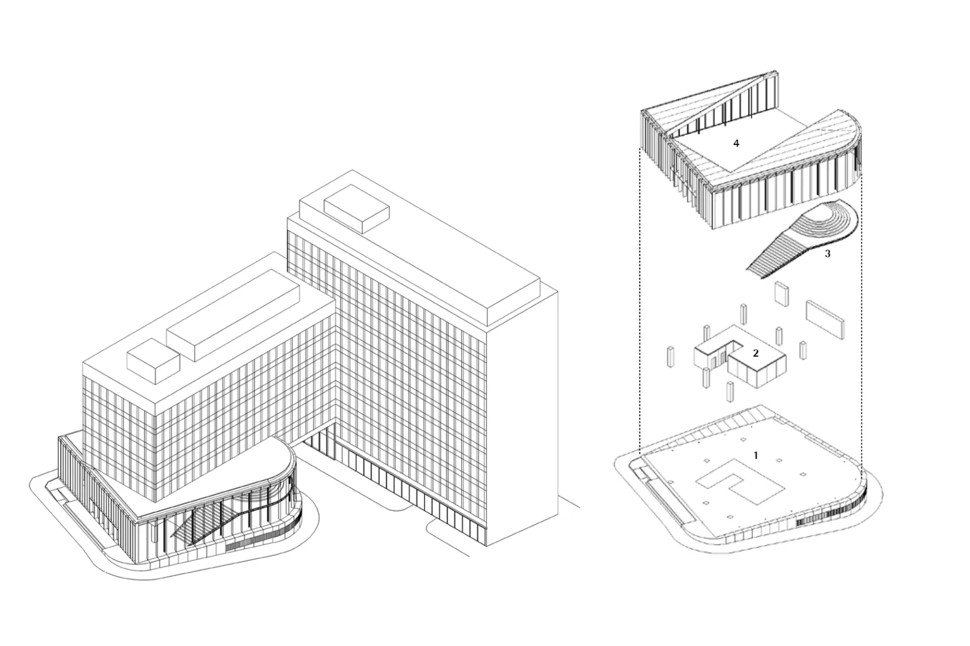 AXO architectural drawing black and white
