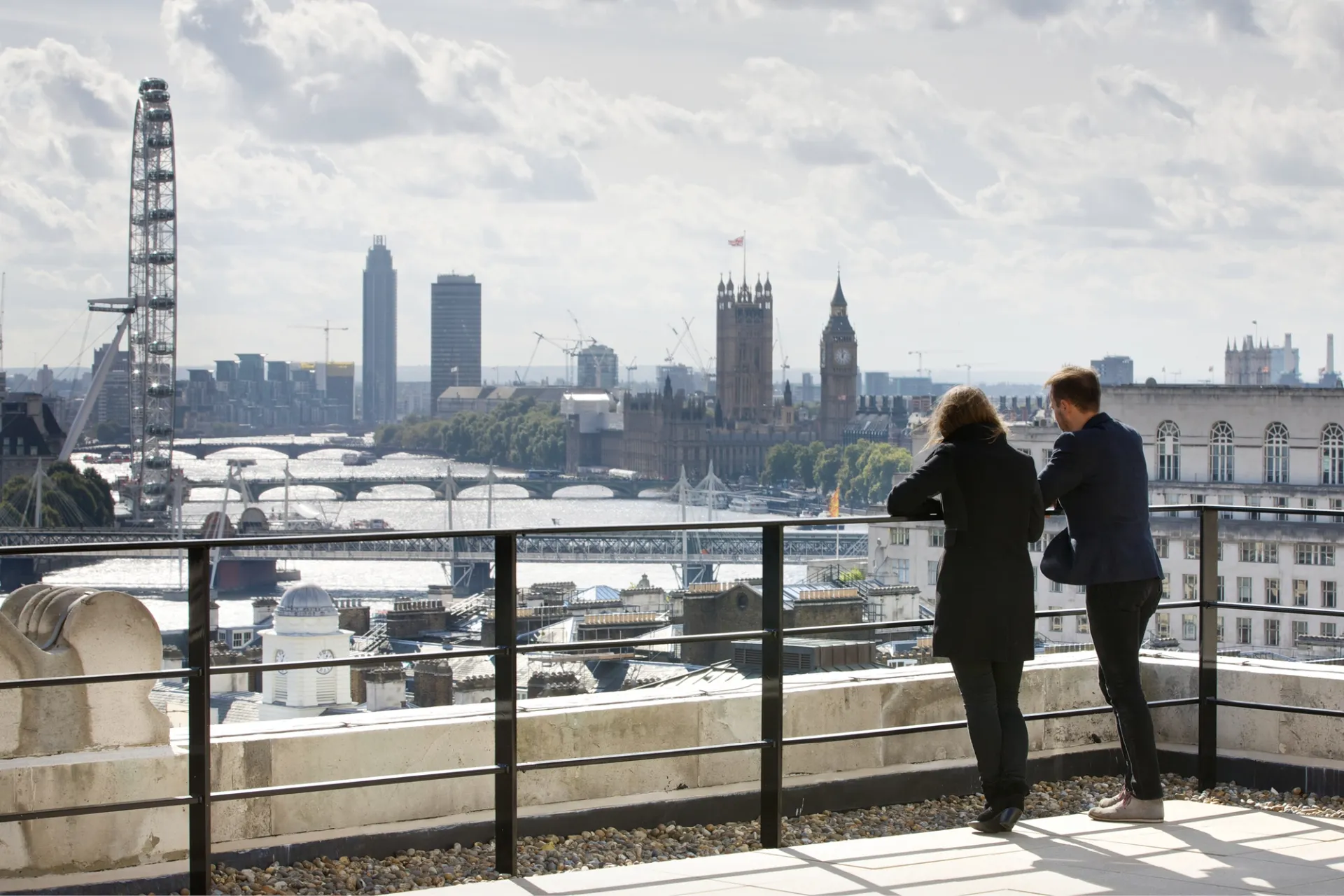 view of London city from balcony with two people looking