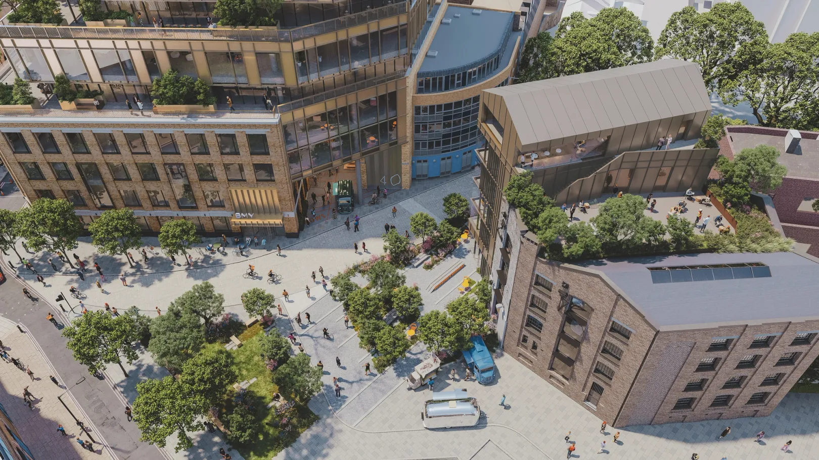 CGI birds eye view of buildings