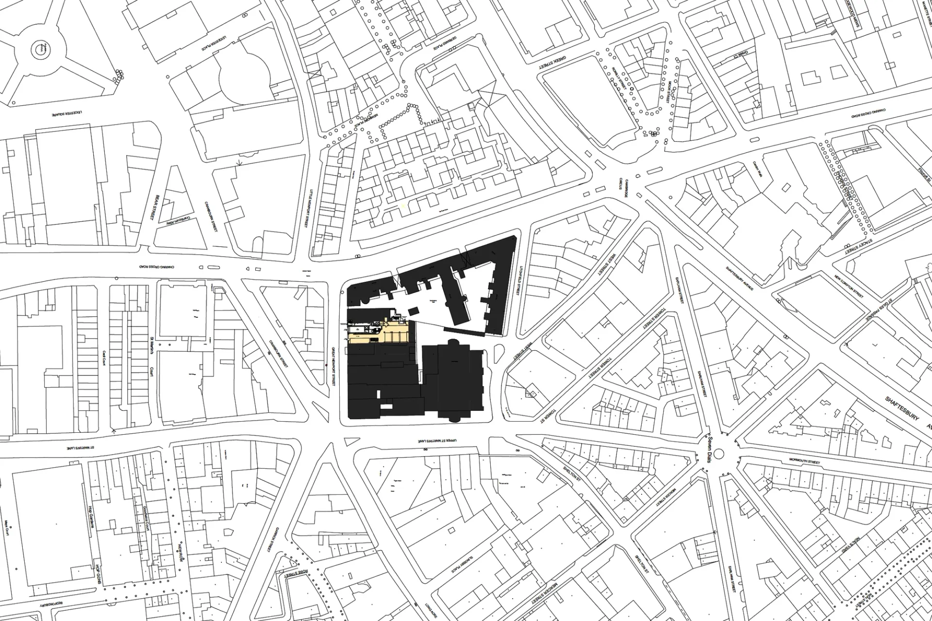 A black and white line drawing of Covent Garden with The Colyer highlighted yellow and its surrounding buildings filled in black