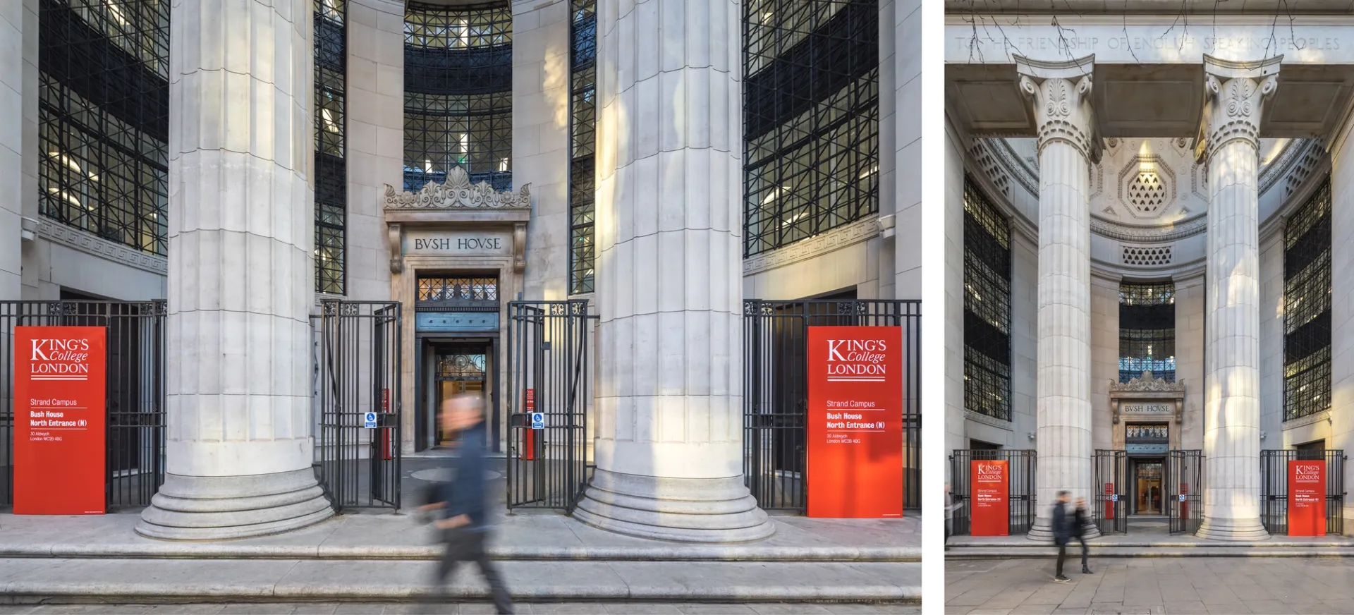 neo classicl pillar view from street man walking past