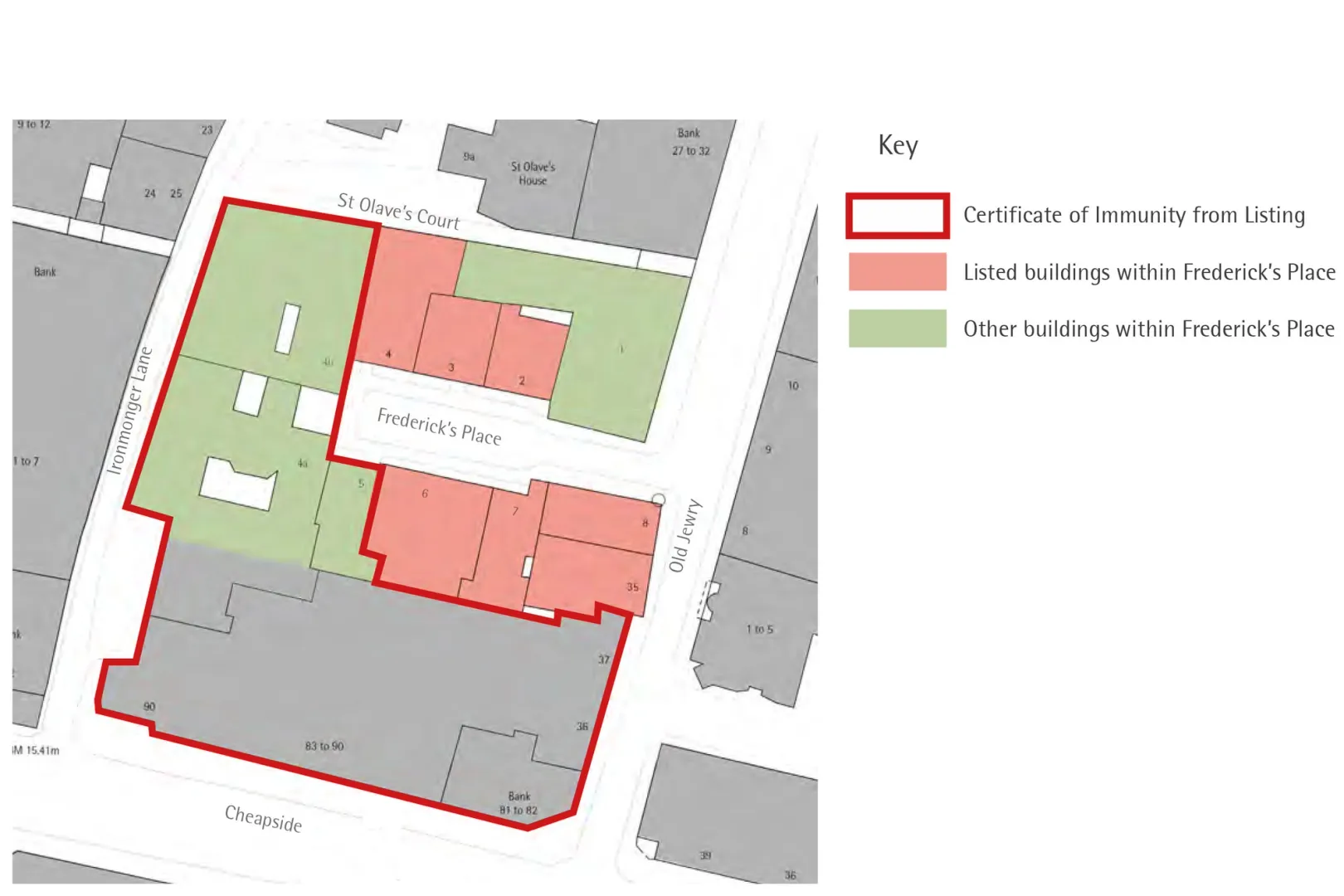 architectural plan showing listed buildings in different colours