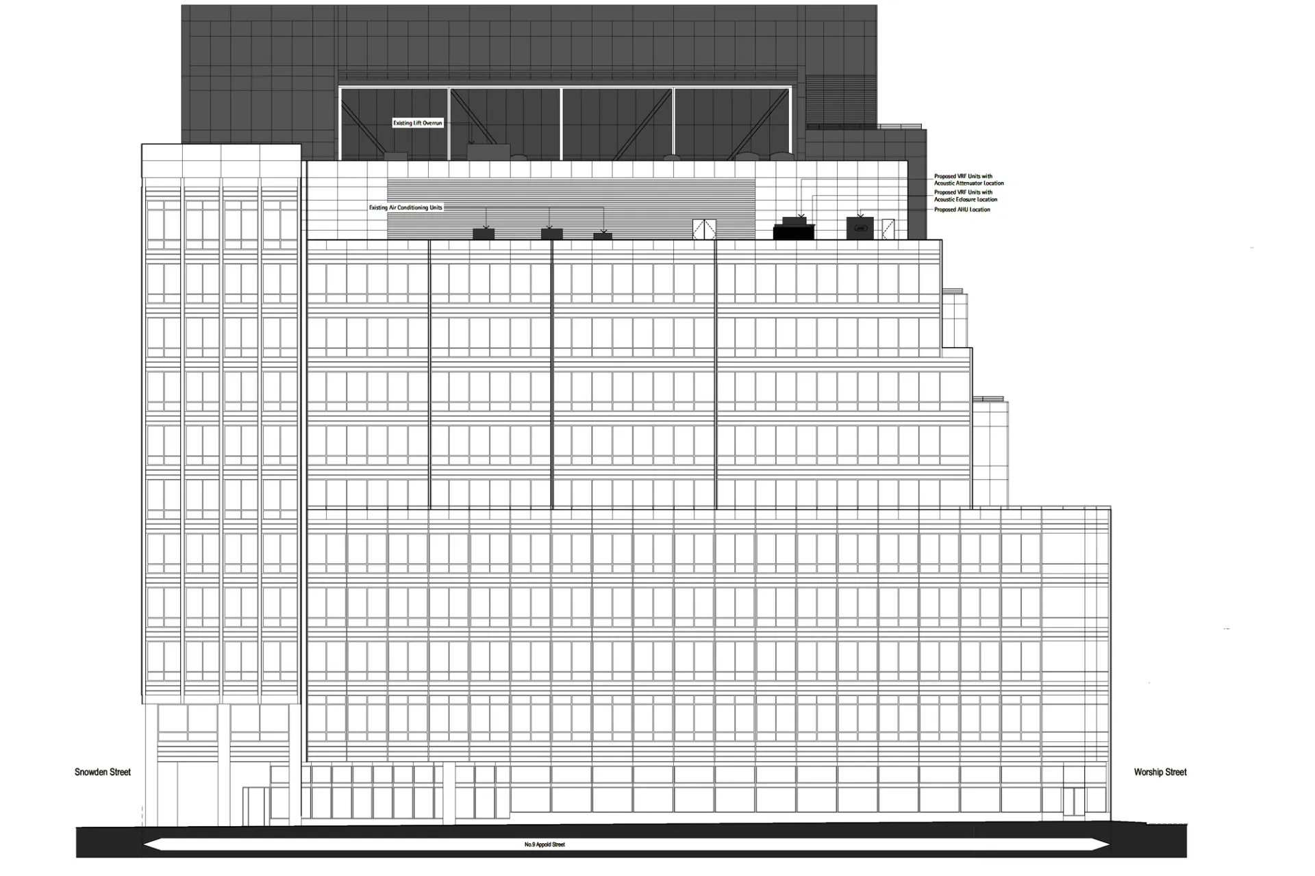 An elevation of a tall office block
