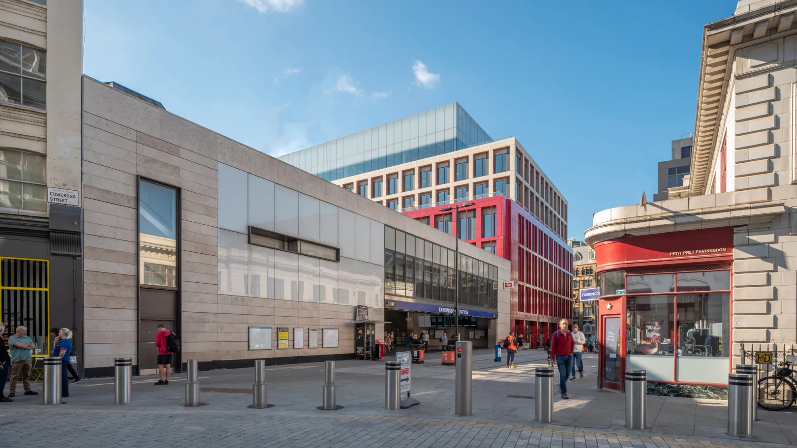 street view of building including Farringdon Station