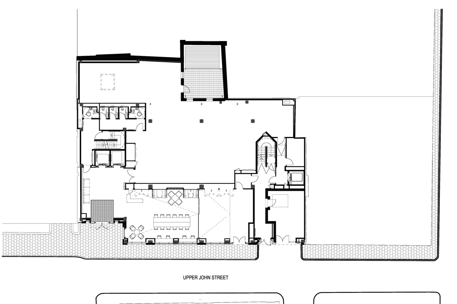 A ground floor plan showing the lifts, reception, lobby and open plan office space of refurbished building