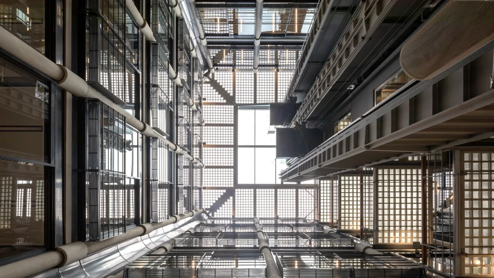 Looking up to skylight with services