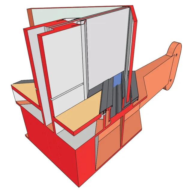 3D drawing of corner of building showing adjoining of glass walls