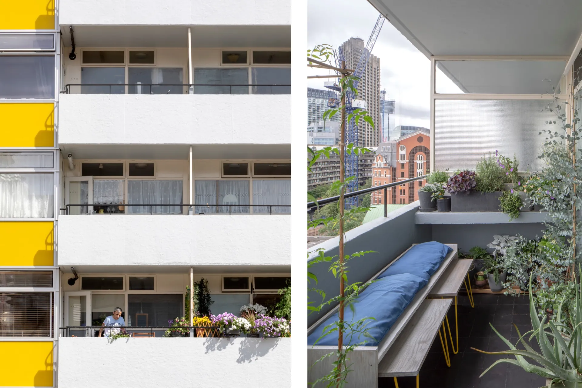 balcony images of building with plants and yellow facade