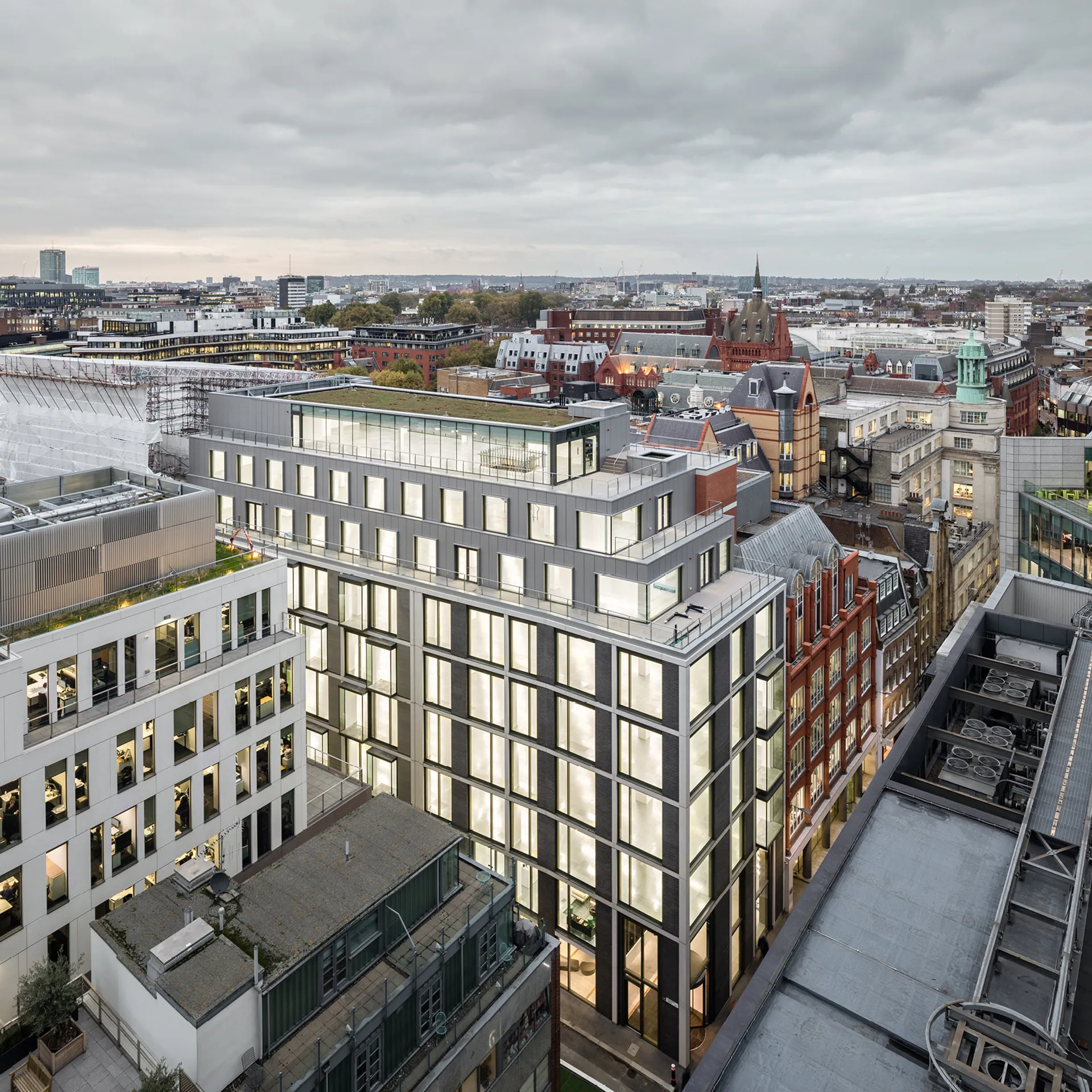 Aerial view of building with light