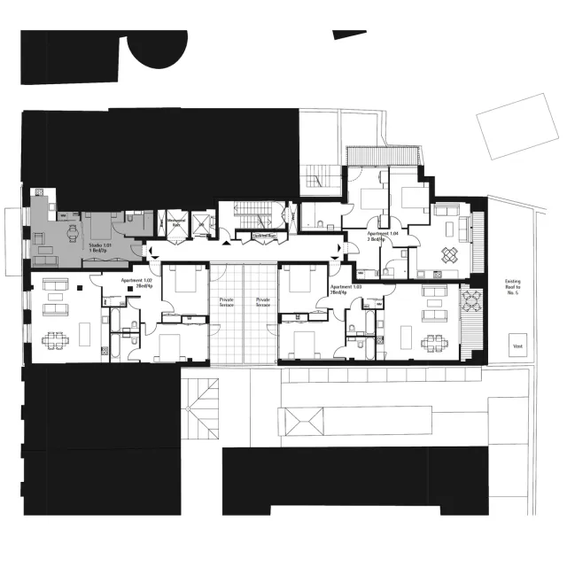 Floor plan of the first floor of the apartment building with space plan for studio, one and two bedroom apartments