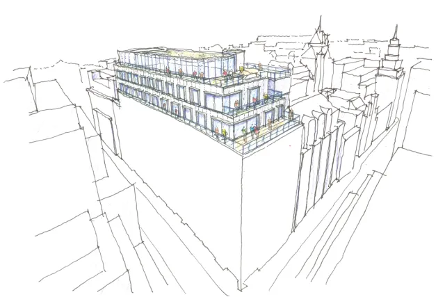 Sketch of building at eye level view