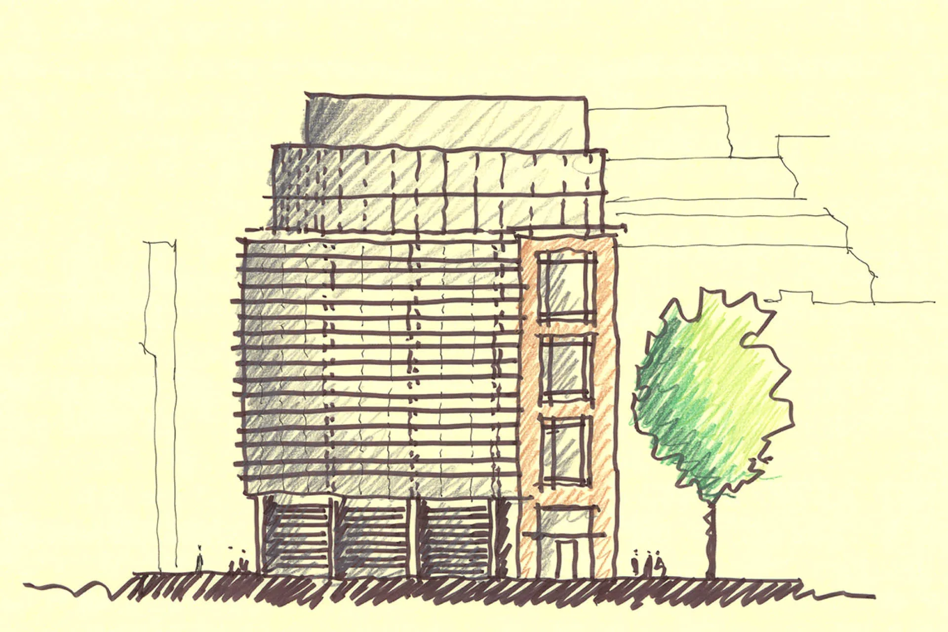Yellow page with concept hand sketch of One Great St Helen's building