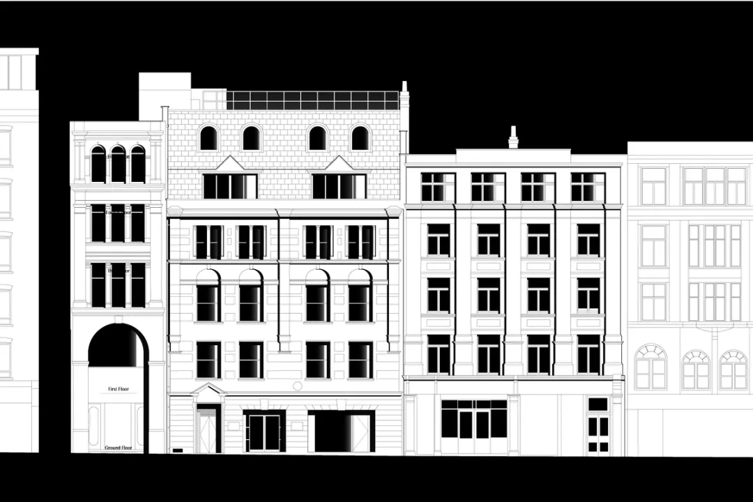 A black and white elevation of Great Newport Street showing the existing six storey brick frontage