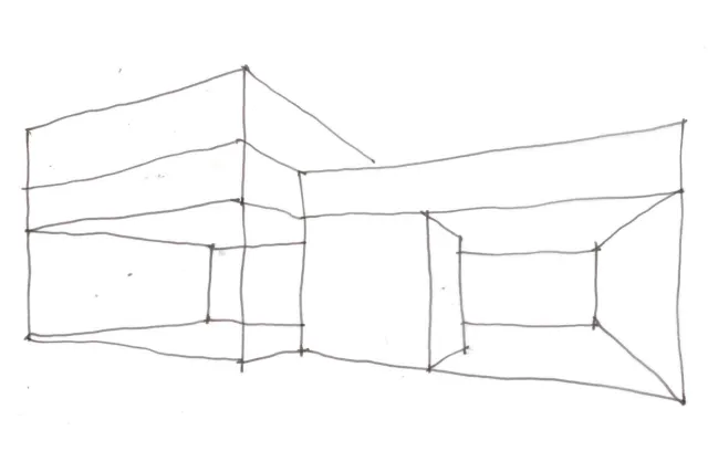 Line drawing of two interlocking boxes for Pavilion concept