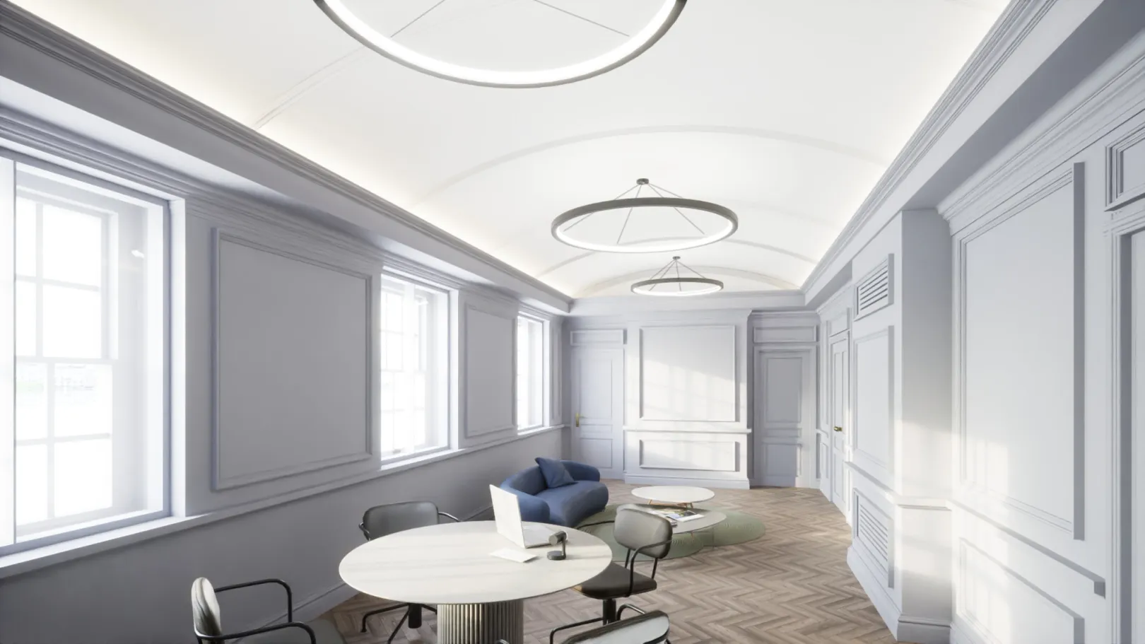 CGI of building interior room with desk