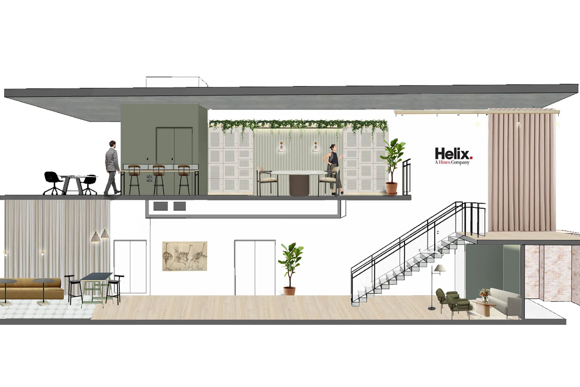 A CGI cut through an office building showing ground and lower ground floor layouts 