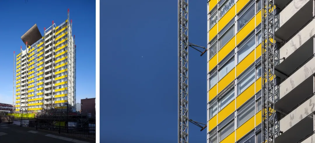 images of the building with scaffolding yellow and blue colours overall