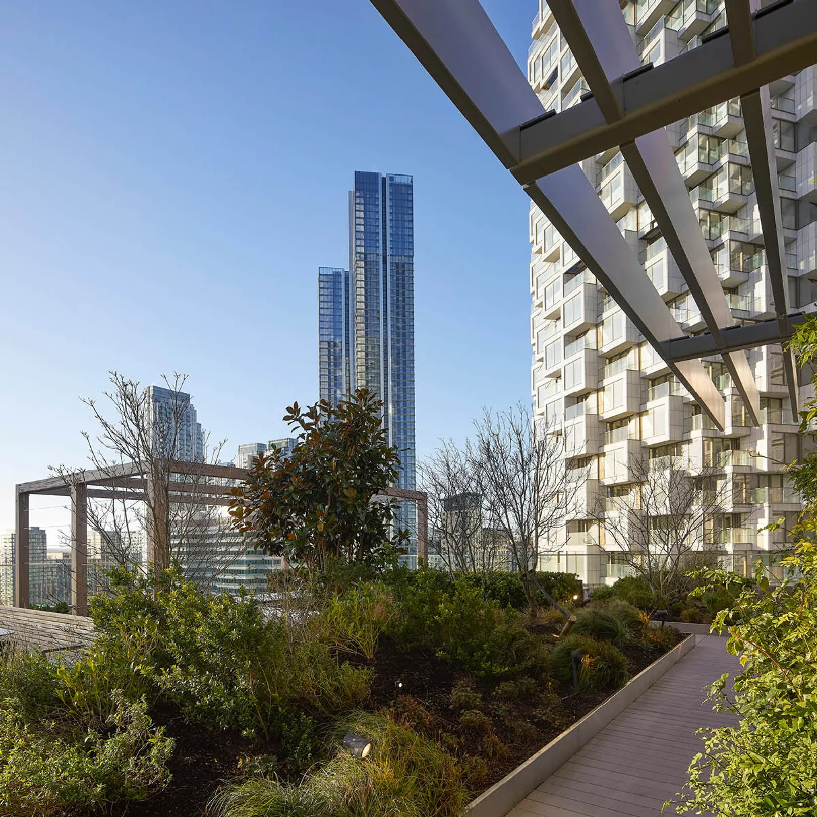 Plants along a path edge next to a tall white building