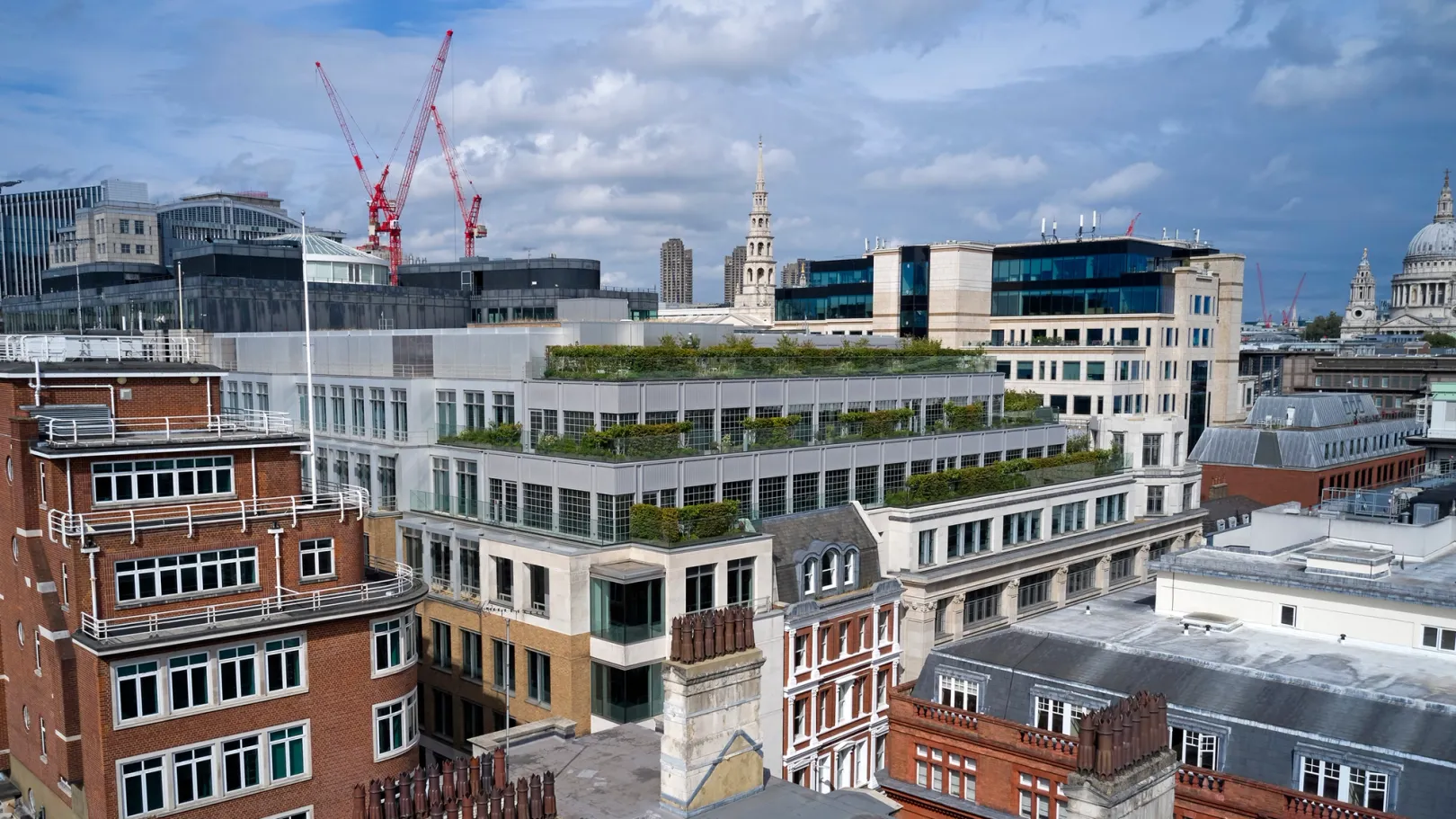 aerial view of building with terraces and plants and surrounding buildings