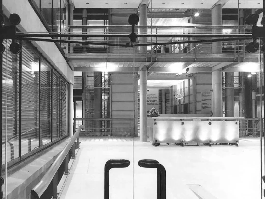 Black and white photograph of Bracken House entrance