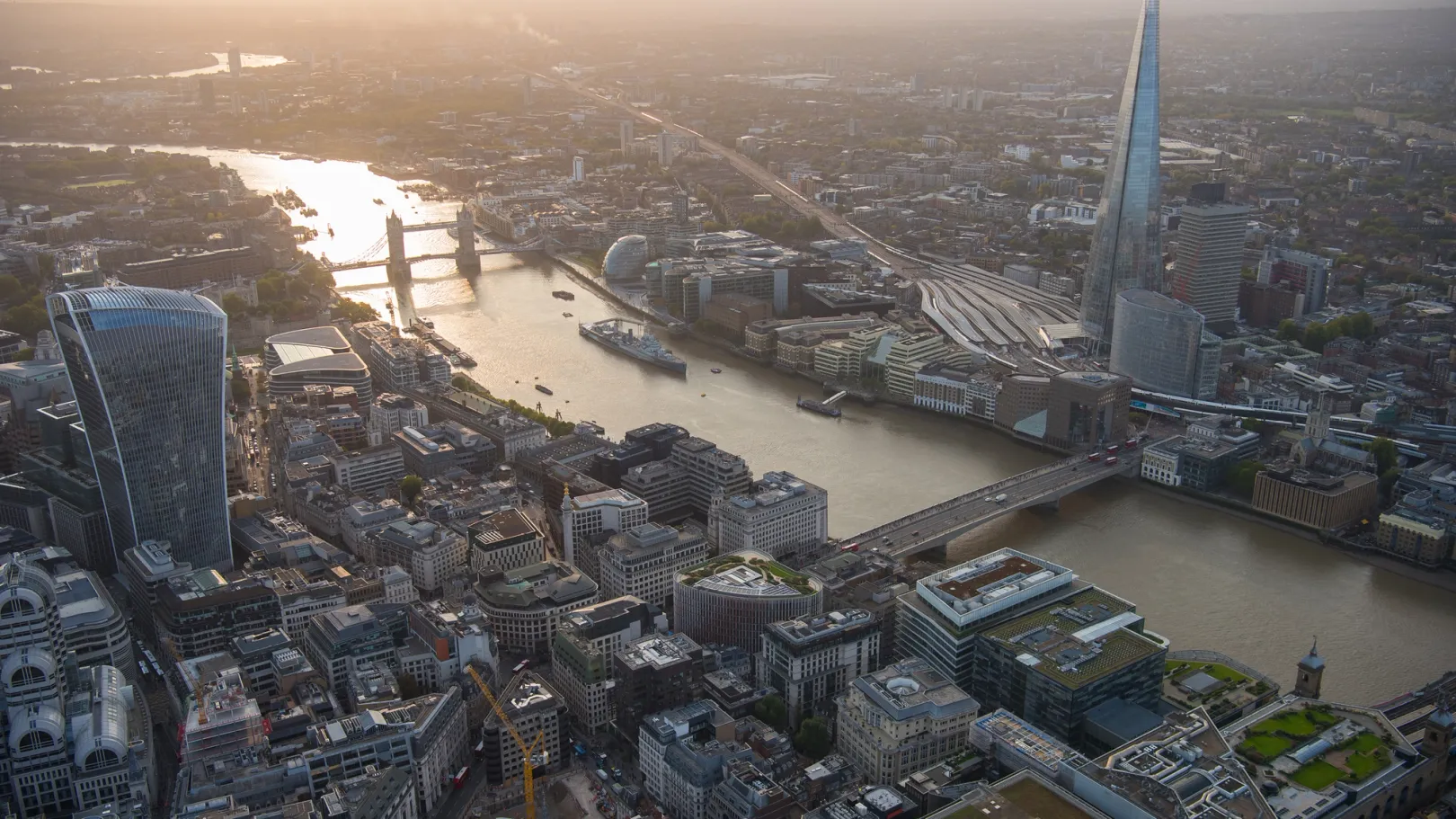 Aerial view with The Shard, London Bridge and River Thames