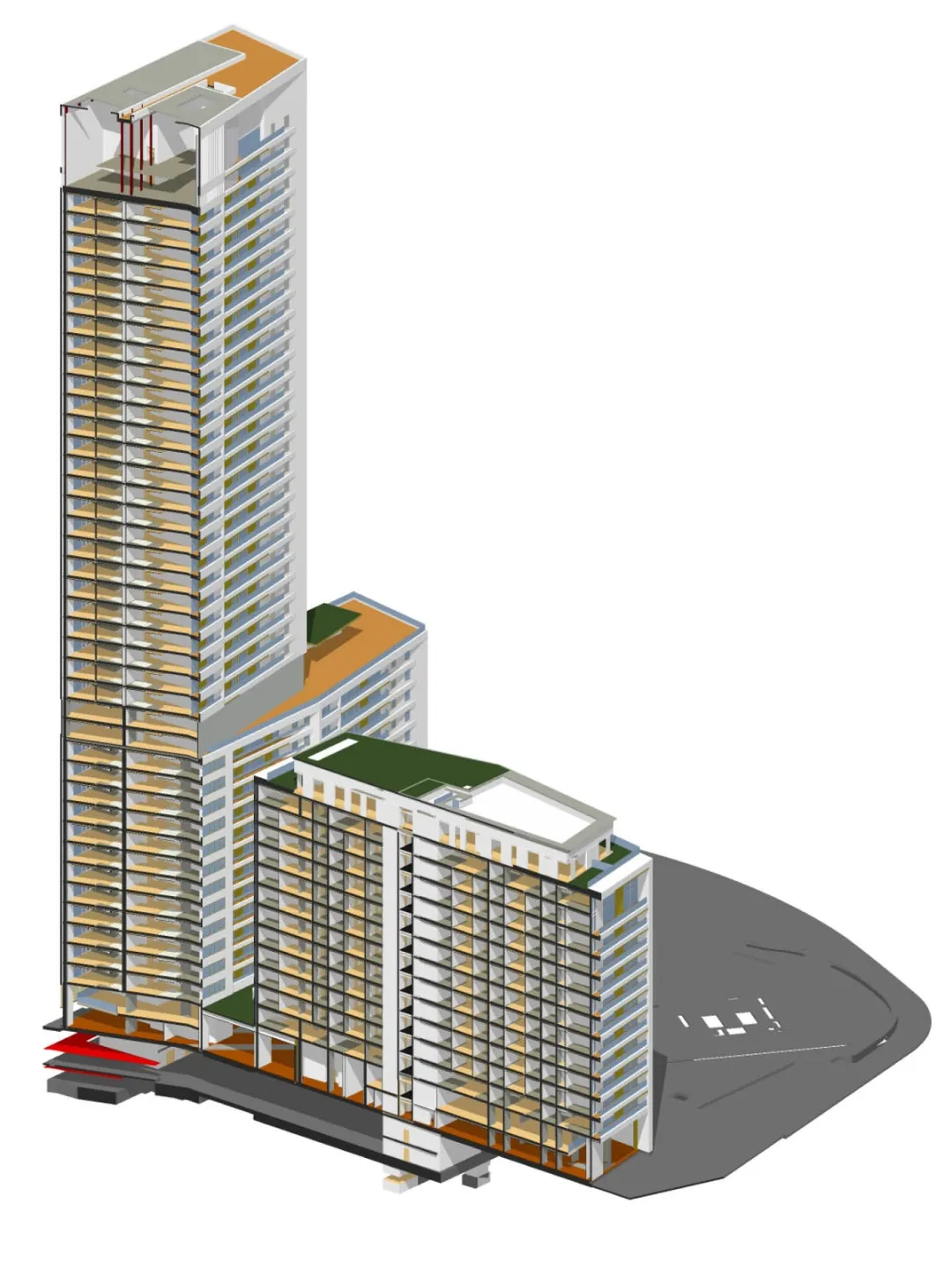 A BIM visual of a residential tower and residential block half its size