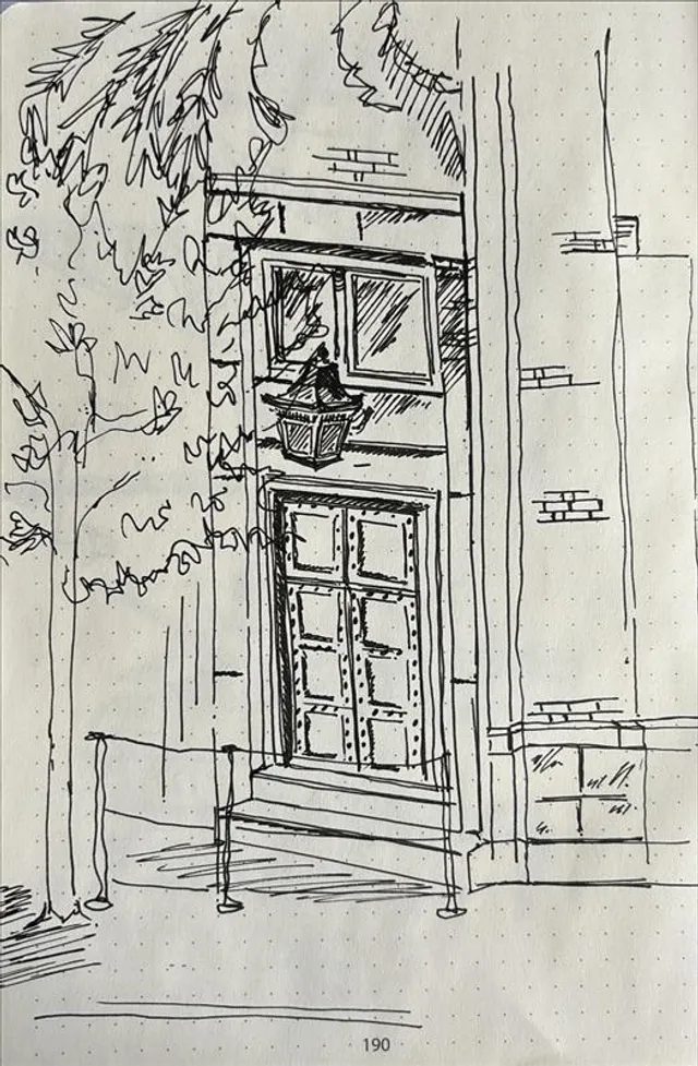 architectural sketch in black and white